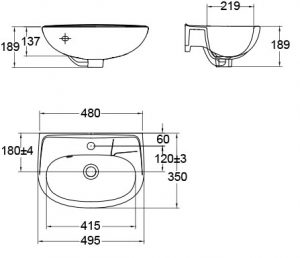 dimension – New Codie-R 350mm Wall Hung Wash Basin TF-0945