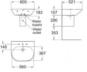 dimension Tonic Wash Basin with Semi Pedestal